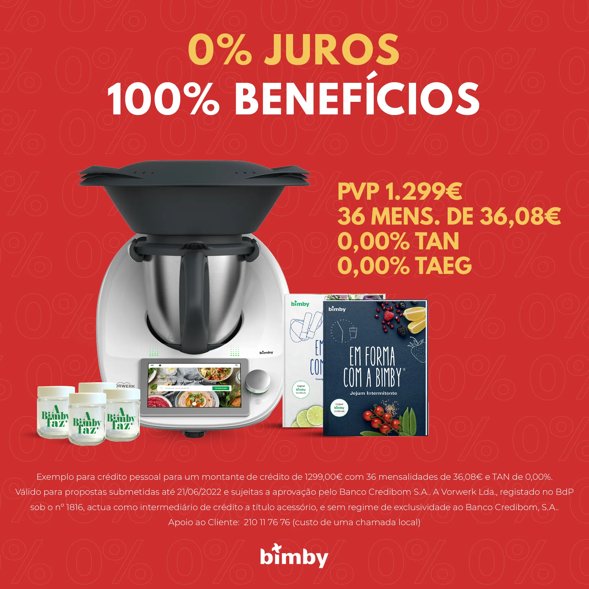Cartaz vermelho da Bimby com robô de cozinha, livros e frascos: "0% JUROS 100% BENEFÍCIOS, PVP 1.299€"