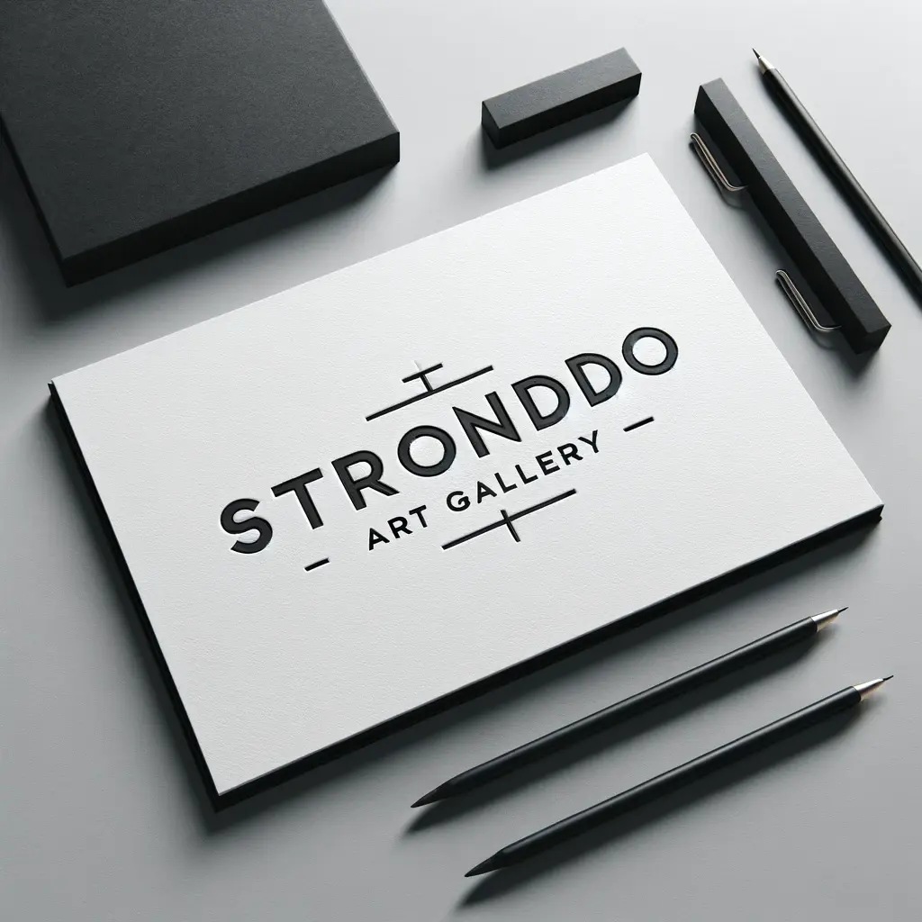 Cartões de visita da Stronddo Art Gallery, pretos e brancos, sobre uma mesa escura.
