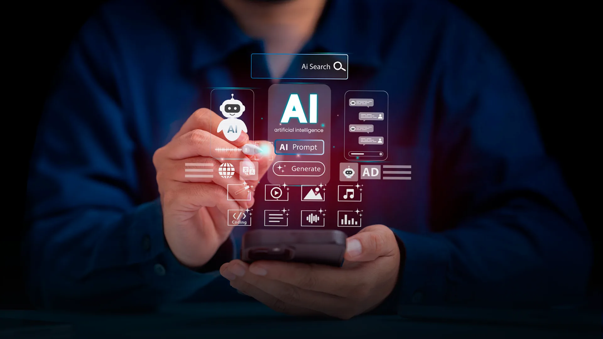 Pessoa a usar um smartphone com ícones digitais de inteligência artificial projetados no ar, incluindo opções como AI Prompt e Generate.