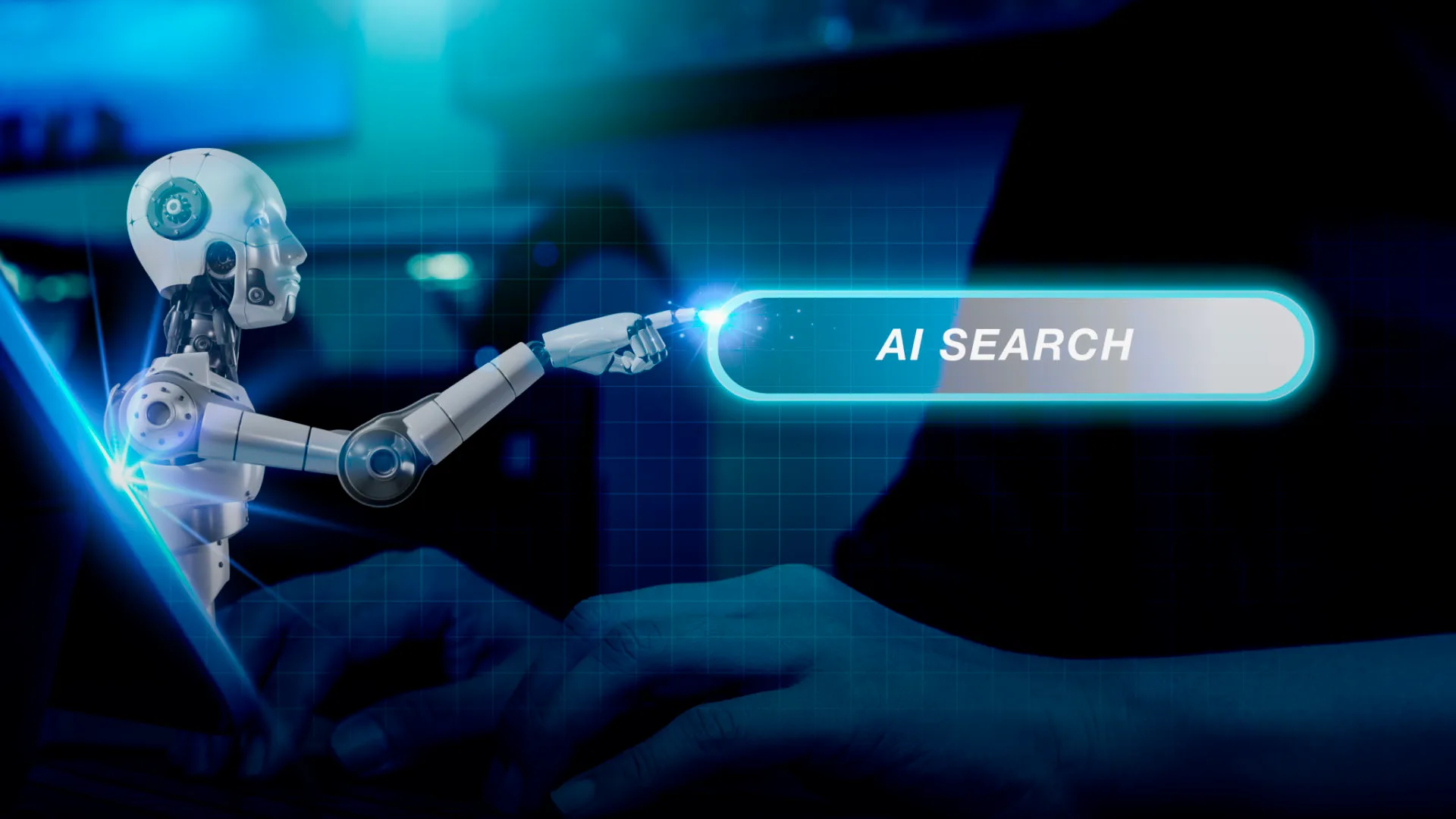 Robô a tocar num campo digital de pesquisa com a frase ‘AI Search’, sobre o fundo de mãos humanas a digitar.